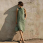 Women's Sleeveless A-Line Midi Dress – Solid Color Cotton Linen Casual FitiqueFit