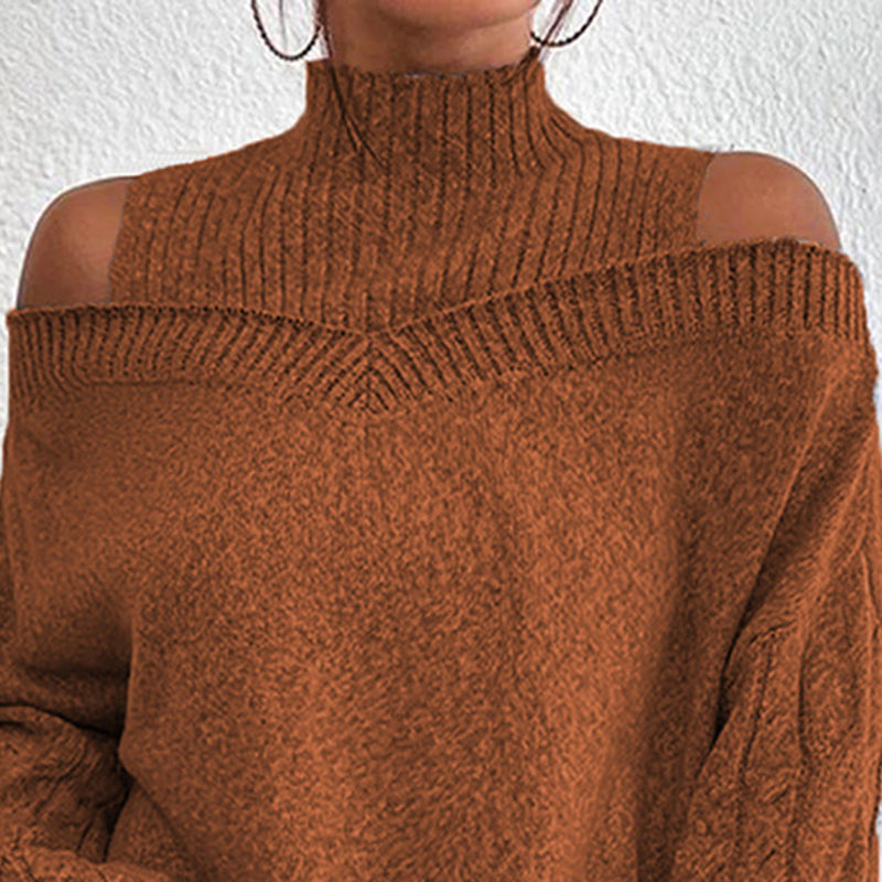 Women's Cold Shoulder Sweater - High Neck Cut Out Pullover Long Sleeve FitiqueFit