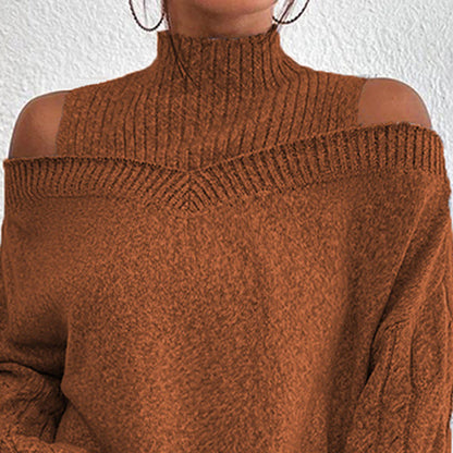 Women's Cold Shoulder Sweater - High Neck Cut Out Pullover Long Sleeve FitiqueFit