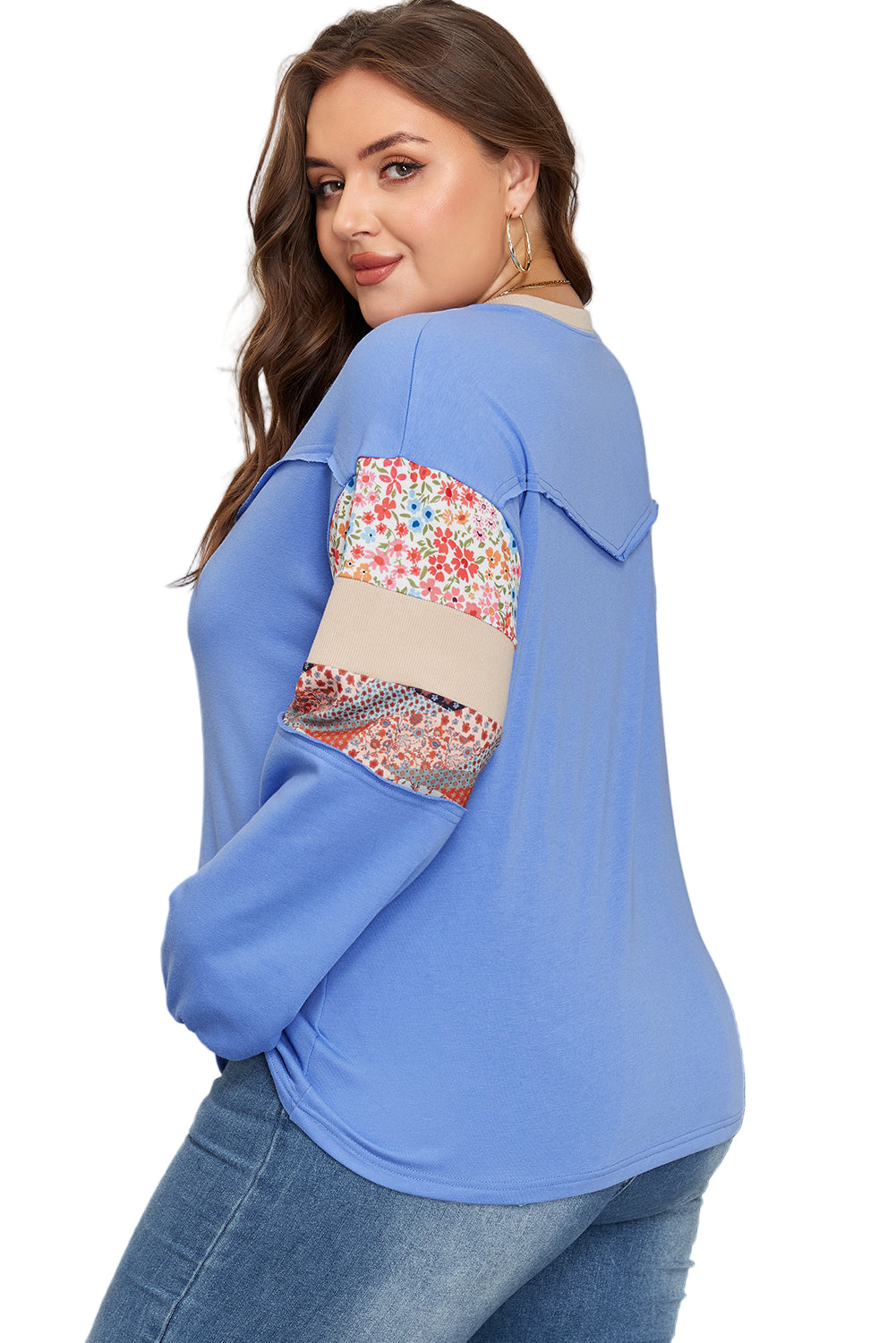 Khaki Exposed Seam Floral Mixed Patchwork Relaxed Plus Size Top Garden Naked Curves