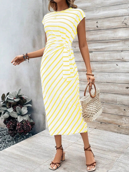 Elegant Waist Strap Striped Round Neck Short Sleeve And Long Pattern Dress Grayceful LLC