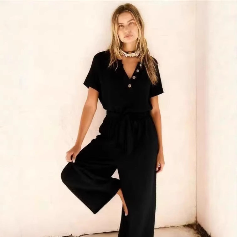 Women's Loose V-Neck Lace-Up Jumpsuit – Wide-Leg Pocket One-Piece FitiqueFit