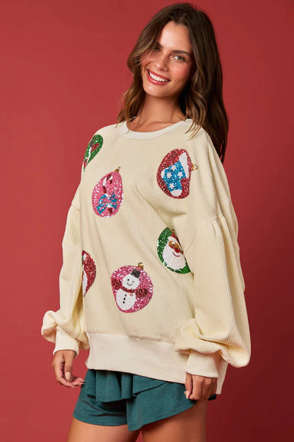 Women’s Christmas Egg Sequined Long-Sleeve Loose Sweatshirt FitiqueFit