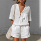 Women's Lace-Up Short-Sleeve Shirt & Loose Shorts Set – Casual Summer Co-Ord FitiqueFit