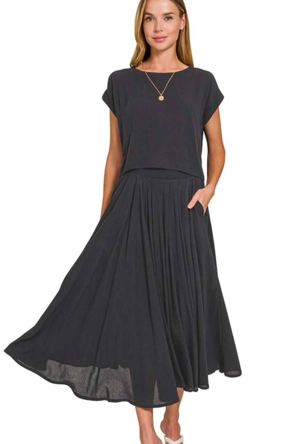 Zenana Woven Crinkle Gauze Crop Tee and Skirt Set West2East Surf