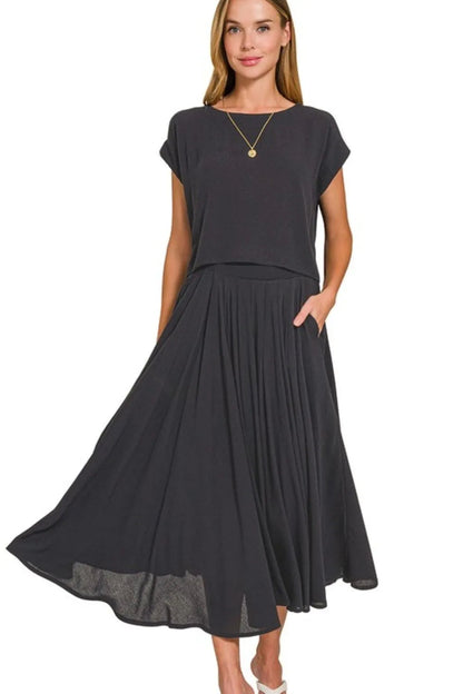 Zenana Woven Crinkle Gauze Crop Tee and Skirt Set West2East Surf
