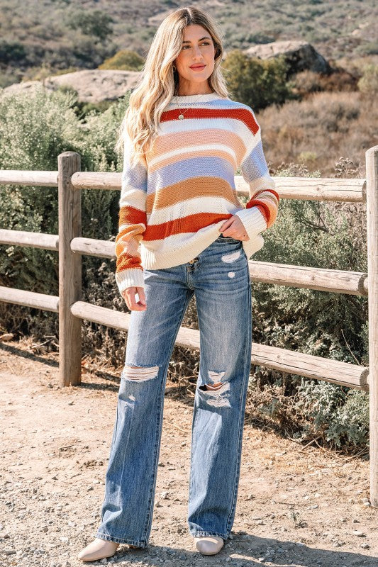 Stripe Colorblock Round Neck Drop Shoulder Sweater Shop Style & More | Fresh Looks, Everyday Deals & Free Shipping