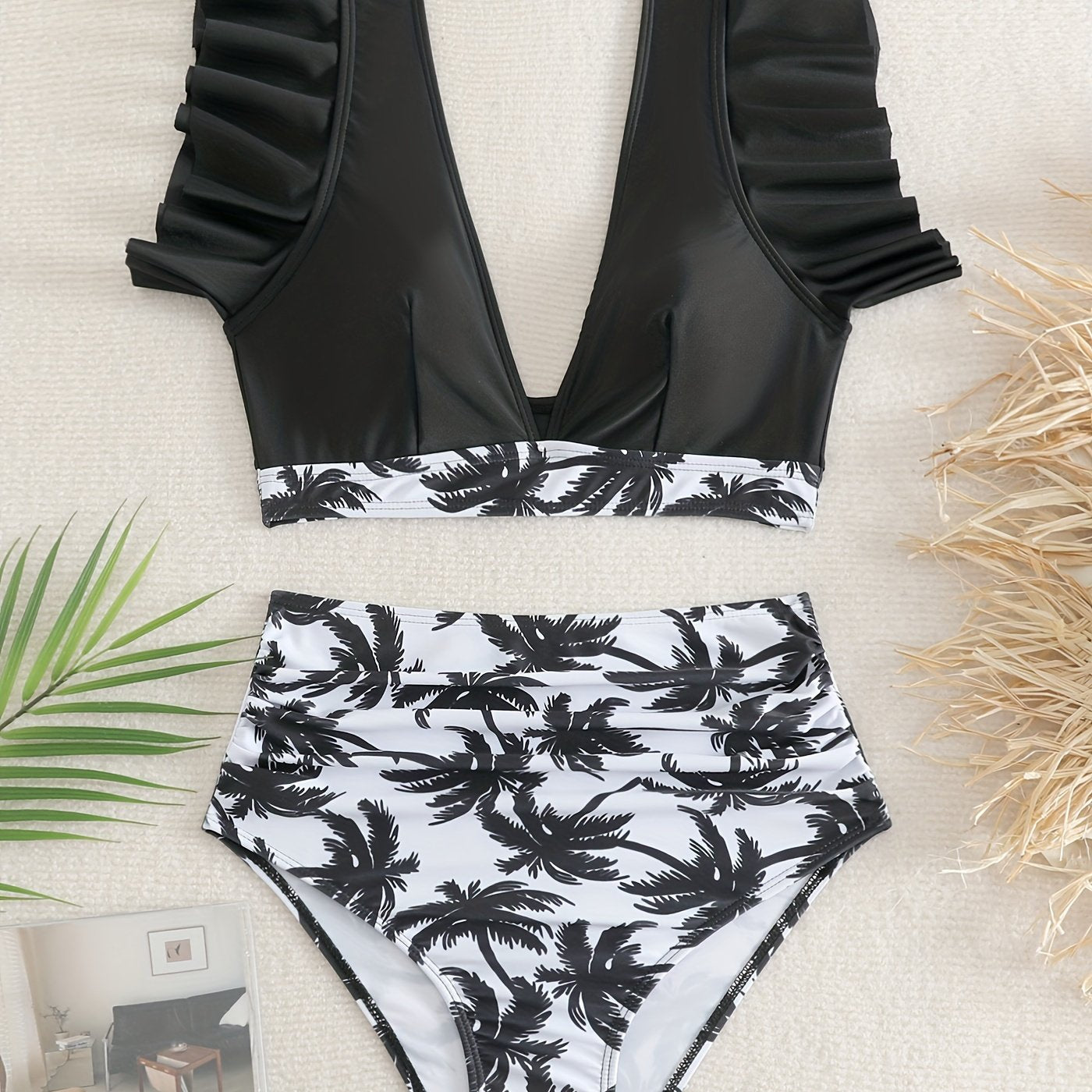 Bikini Black Solid Color Ruffle V Neck 2 Piece Swimsuit for Women – High Waisted Flattering Bikini Set with Lettuce Trim Bottoms – Sleek Stretchy Fabric Swimwear for Beach Days Poolside Style and Summer Vacation Looks Stevvex