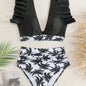 Bikini Black Solid Color Ruffle V Neck 2 Piece Swimsuit for Women – High Waisted Flattering Bikini Set with Lettuce Trim Bottoms – Sleek Stretchy Fabric Swimwear for Beach Days Poolside Style and Summer Vacation Looks Stevvex