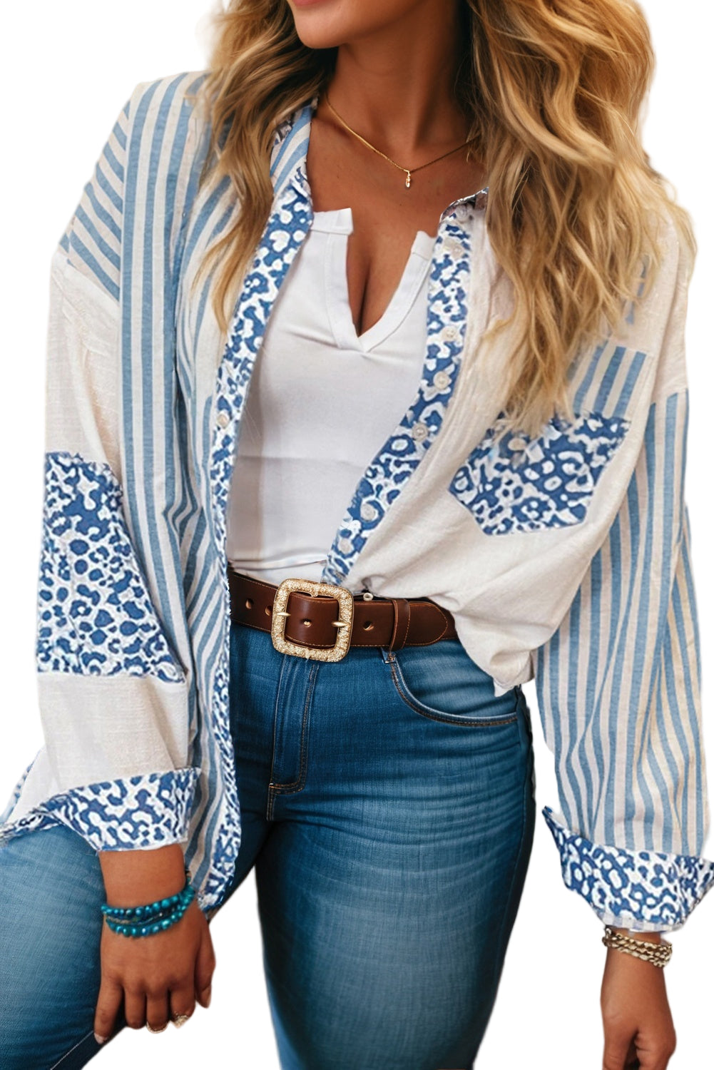 Sky Blue Leopard Striped Patchwork Casual Plus Shirt Garden Naked Curves