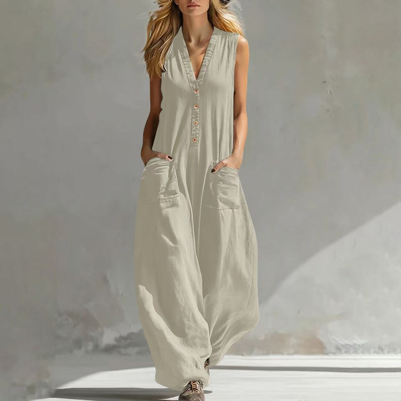 Women's Sleeveless Wide-Leg Jumpsuit with Pockets FitiqueFit