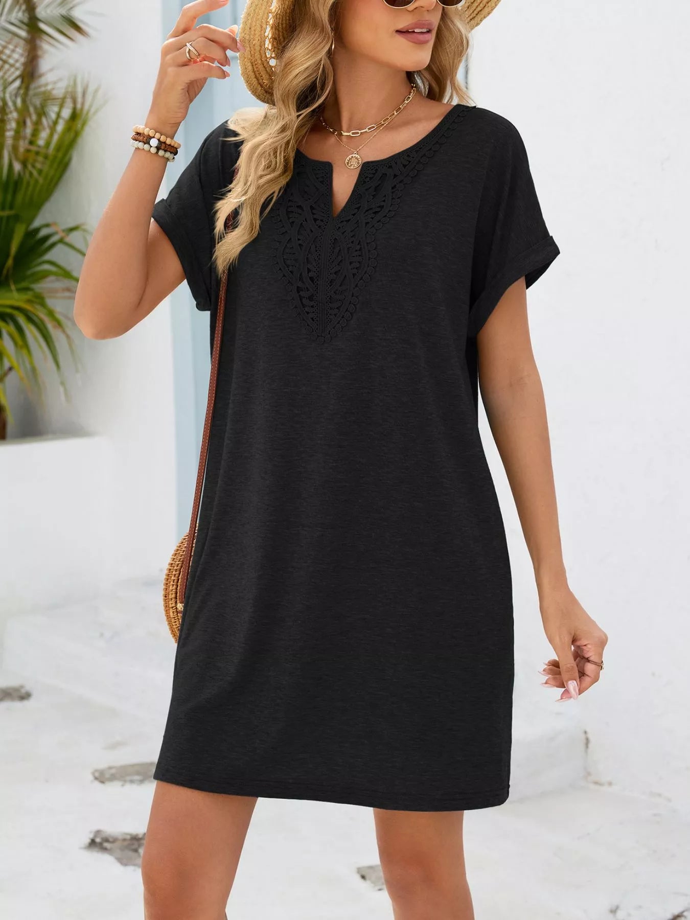 Lace Trim Notched Short Sleeve Dress New Era Fashion LLc