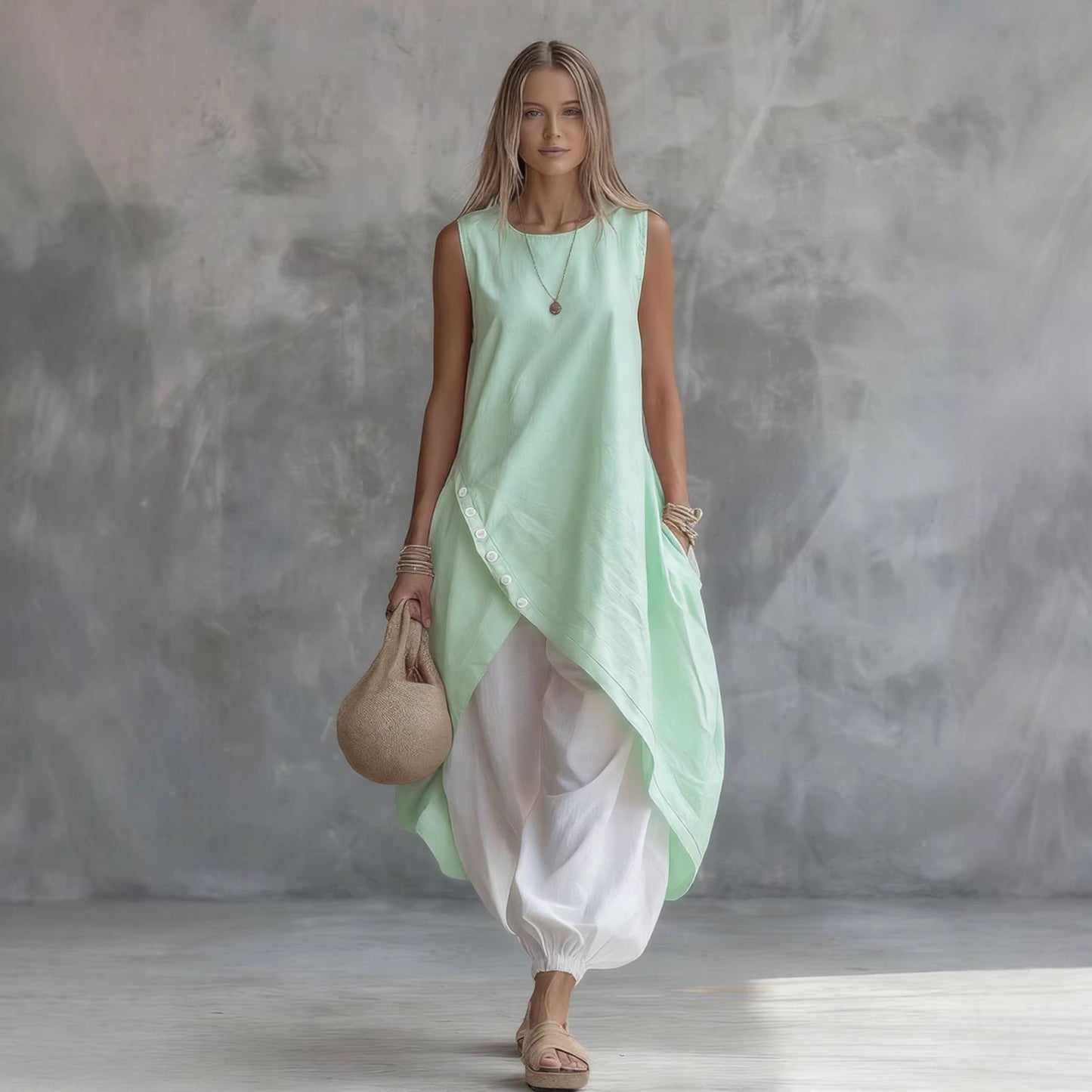 Solid-Color Sleeveless Loose-Fit Dress With Patch Pockets FitiqueFit