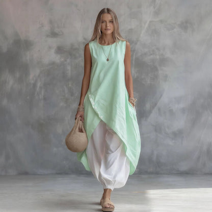 Solid-Color Sleeveless Loose-Fit Dress With Patch Pockets FitiqueFit
