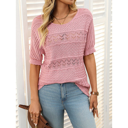 Women’s Short Sleeve Crochet Knit Hollow-Out Top FitiqueFit