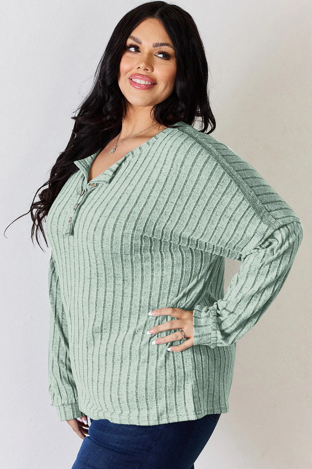 Basic Bae Full Size Ribbed Half Button Long Sleeve T-Shirt New Era Fashion LLc