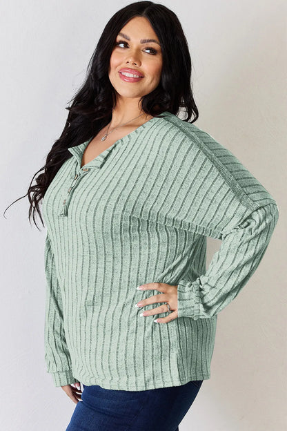 Basic Bae Full Size Ribbed Half Button Long Sleeve T-Shirt New Era Fashion LLc