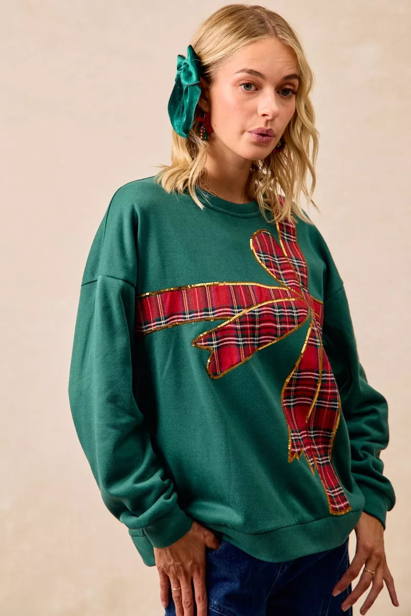 BiBi Plaid Ribbon Bow Detail Christmas Fleece Pullover FitiqueFit