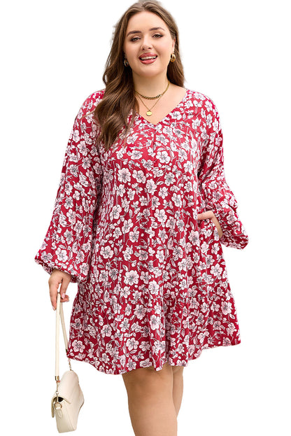 Purple Plus Floral Balloon Sleeve V Neck Relaxed Dress Garden Naked Curves