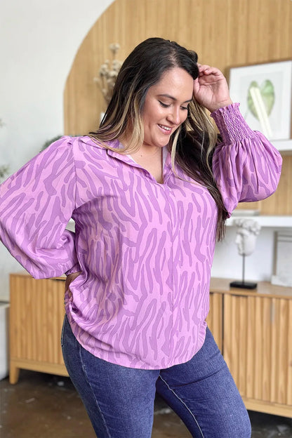 Double Take Full Size Printed Smocked Long Sleeve Blouse Plus Size New Era Fashion LLc