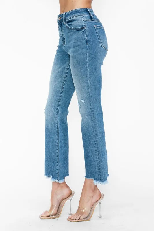 bytos Raw Hem Distressed Mid Rise Crop Jeans New Era Fashion LLc