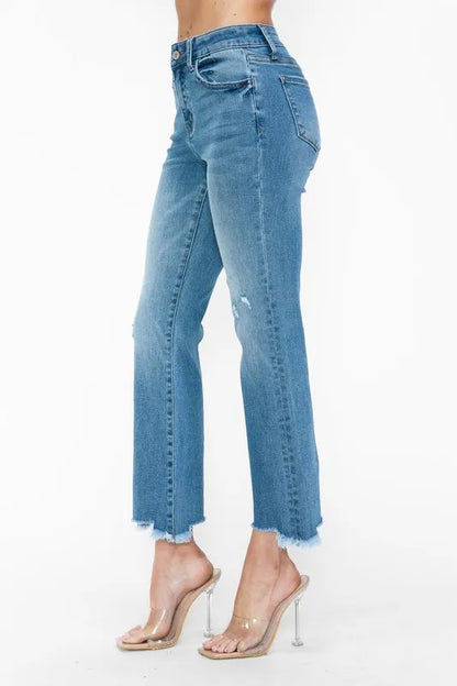 bytos Raw Hem Distressed Mid Rise Crop Jeans New Era Fashion LLc