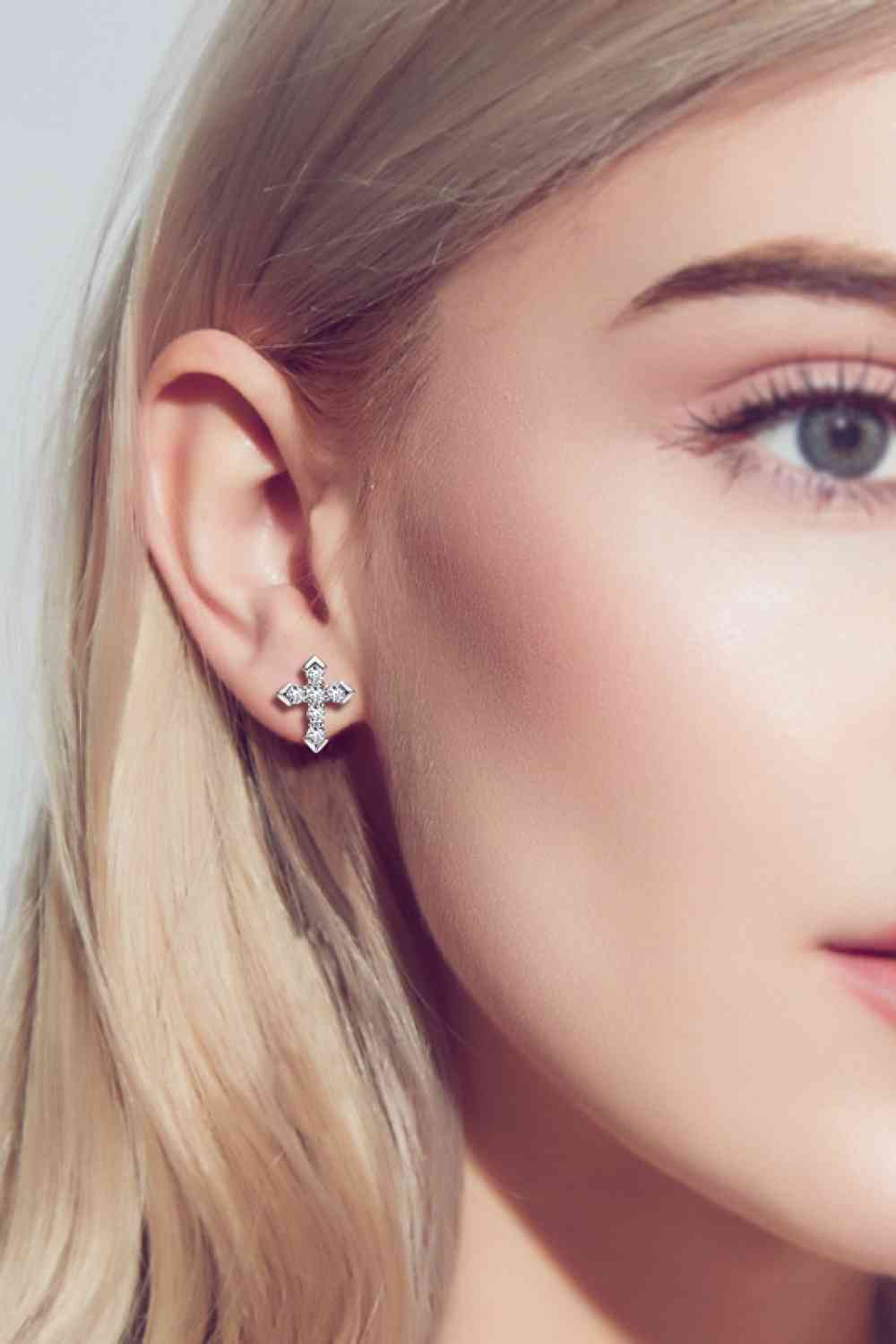 Moissanite Elegance Cross Stud Earrings – Minimalist Design in Platinum-Plated Silver See size chart under “more details” The Fashion Celestial