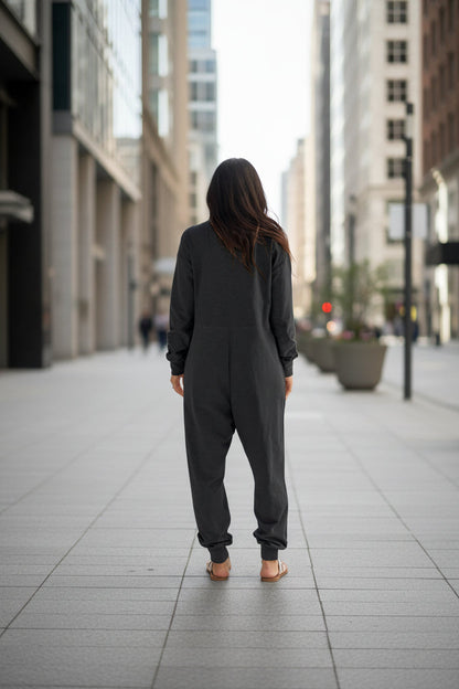Women’s V-Neck Long Sleeve Solid Color Loose Jumpsuit With Two Side Pockets FitiqueFit