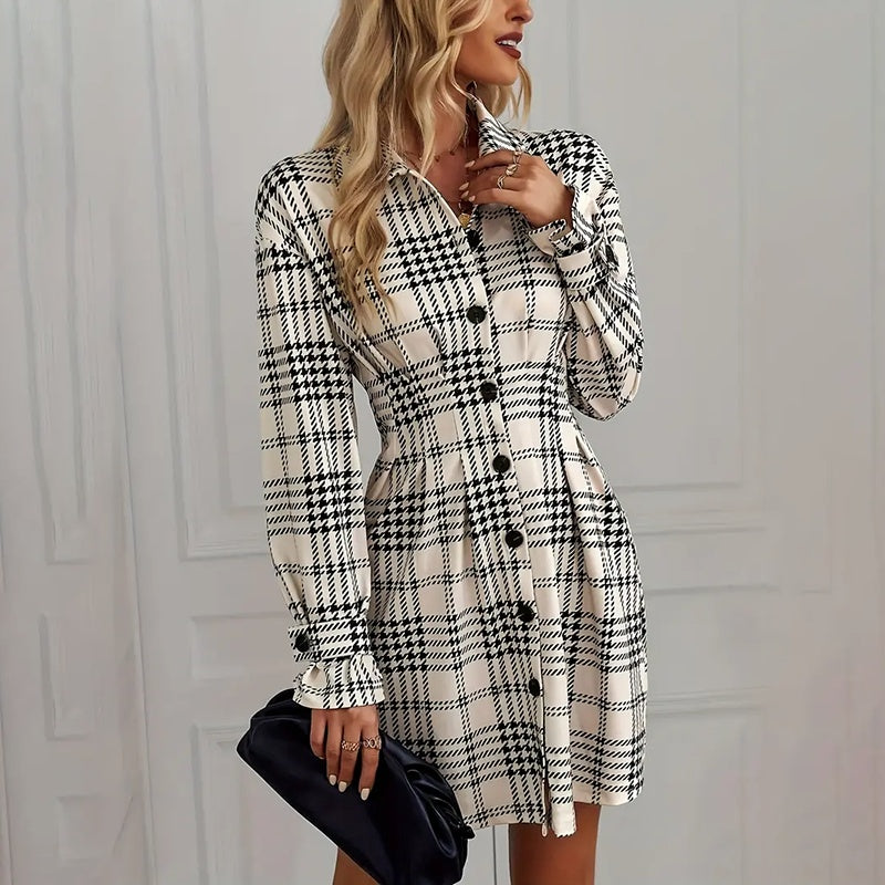 Elegant Plaid Shirt Dress — Ruched Waist A-Line Mini with Long Sleeves FitiqueFit