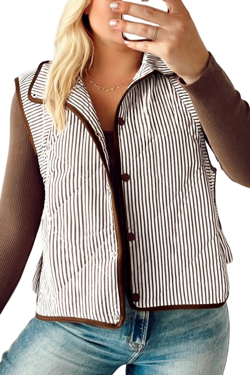 Brown Stripe Quilted Wavy Hem Snap Button Plus Size Vest Garden Naked Curves