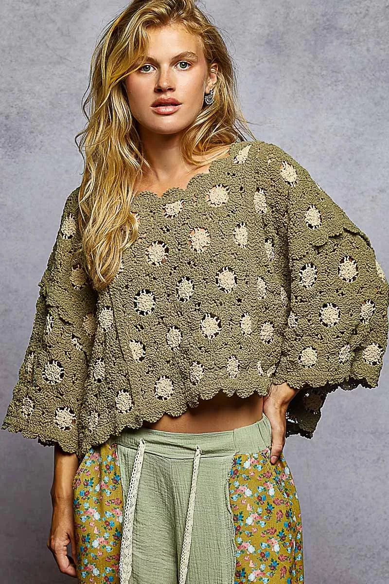 POL Contrast Crochet Cropped Knit Top FitiqueFit