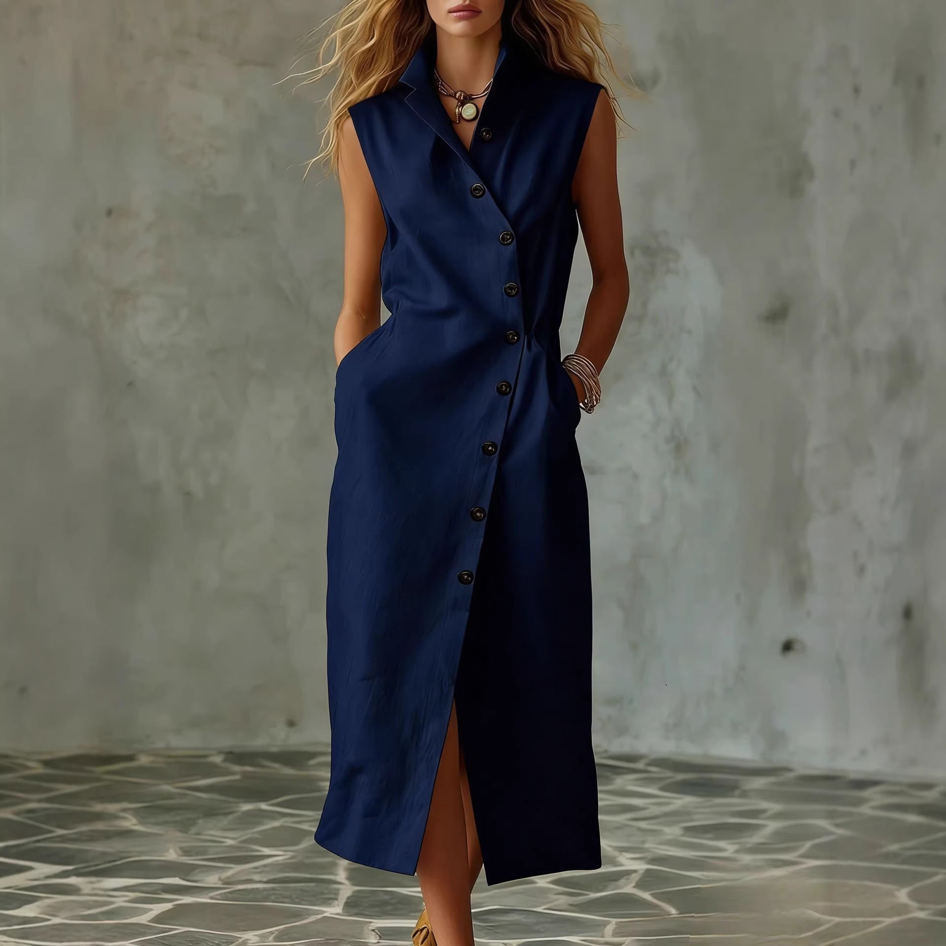 Women's Slim-Fit Sleeveless Stand Collar Pleated Midi Dress FitiqueFit