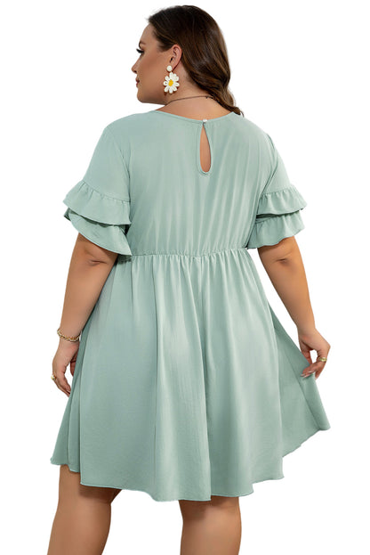 Grass Green Ruffle Trim Short Sleeve Plus Size Flared Mini Dress Garden Naked Curves