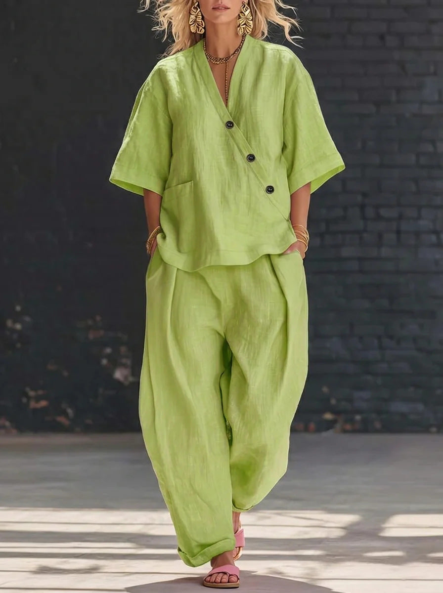 V-Neck Short Sleeve Top & High-Waist Trousers Two-Piece Set FitiqueFit