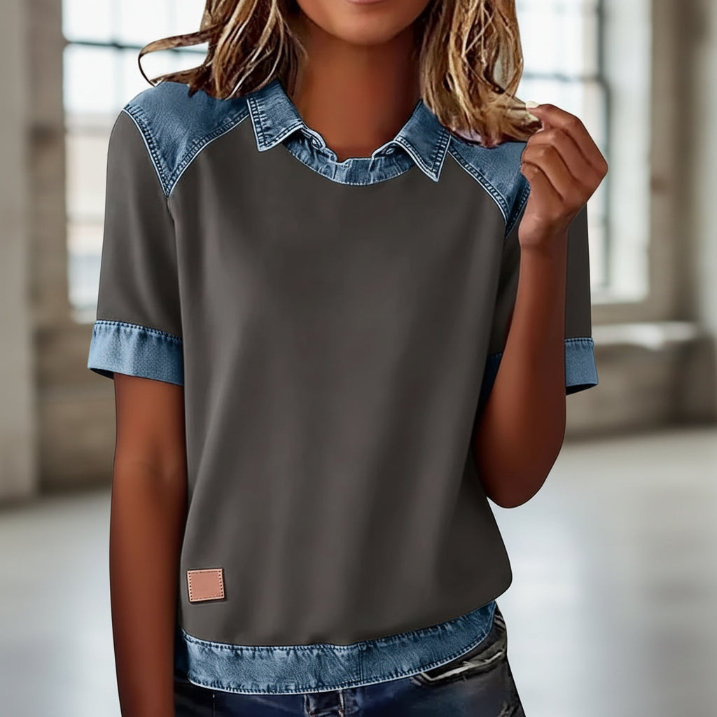 Patchwork Knitted Shirt Short-Sleeve Lapel Button-Up Shirt For Women FitiqueFit