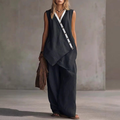 Women's Boho V-Neck Button Vest & Wide-Leg Pants Set FitiqueFit