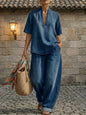 Retro V-Neck Washed Denim Top & Wide-Leg Pants Set – 3 Colors, S–3XL FitiqueFit