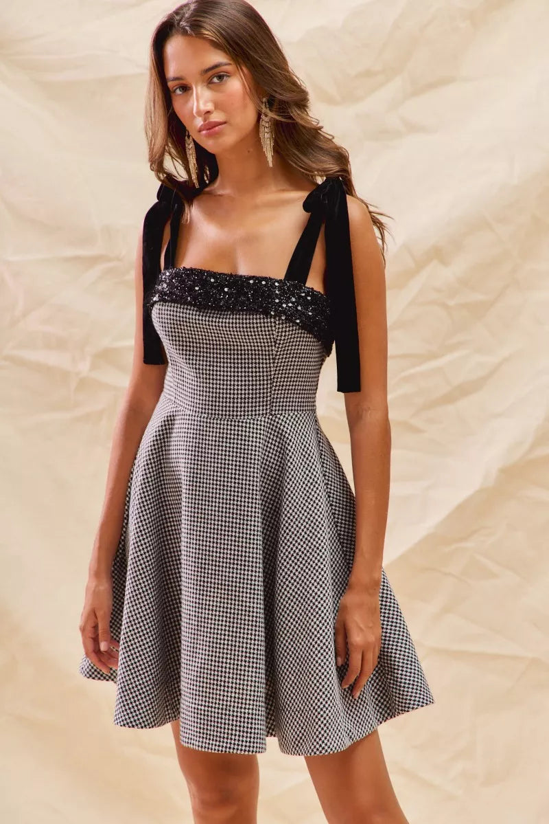 SO ME Houndstooth Fit Flare Mini Dress with Shoulder Tie West2East Surf