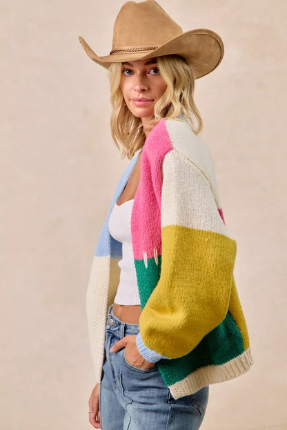 BiBi Color Block Open Front Sweater Cardigan FitiqueFit