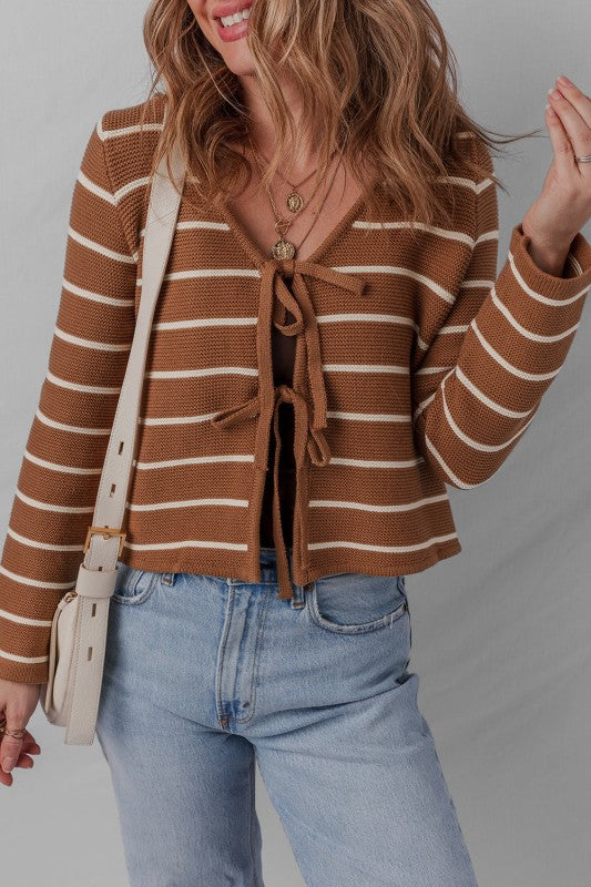 Stripe Tie-Front V-Neck Cardigan Sweater Shop Style & More | Fresh Looks, Everyday Deals & Free Shipping