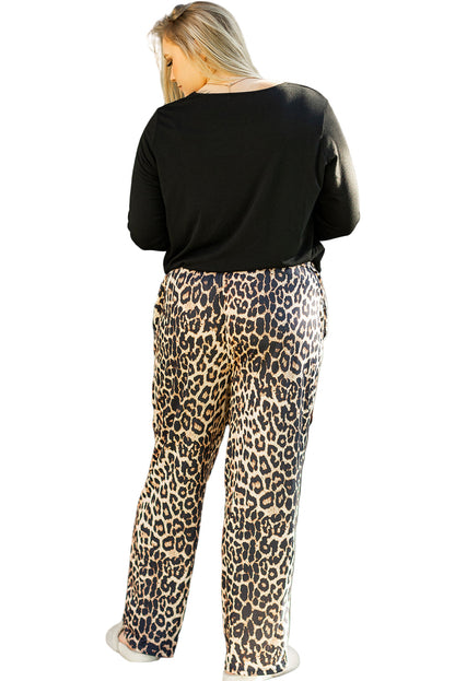 Black Leopard Patched Pocket Long Sleeve Top Plus Size Pants Set Garden Naked Curves
