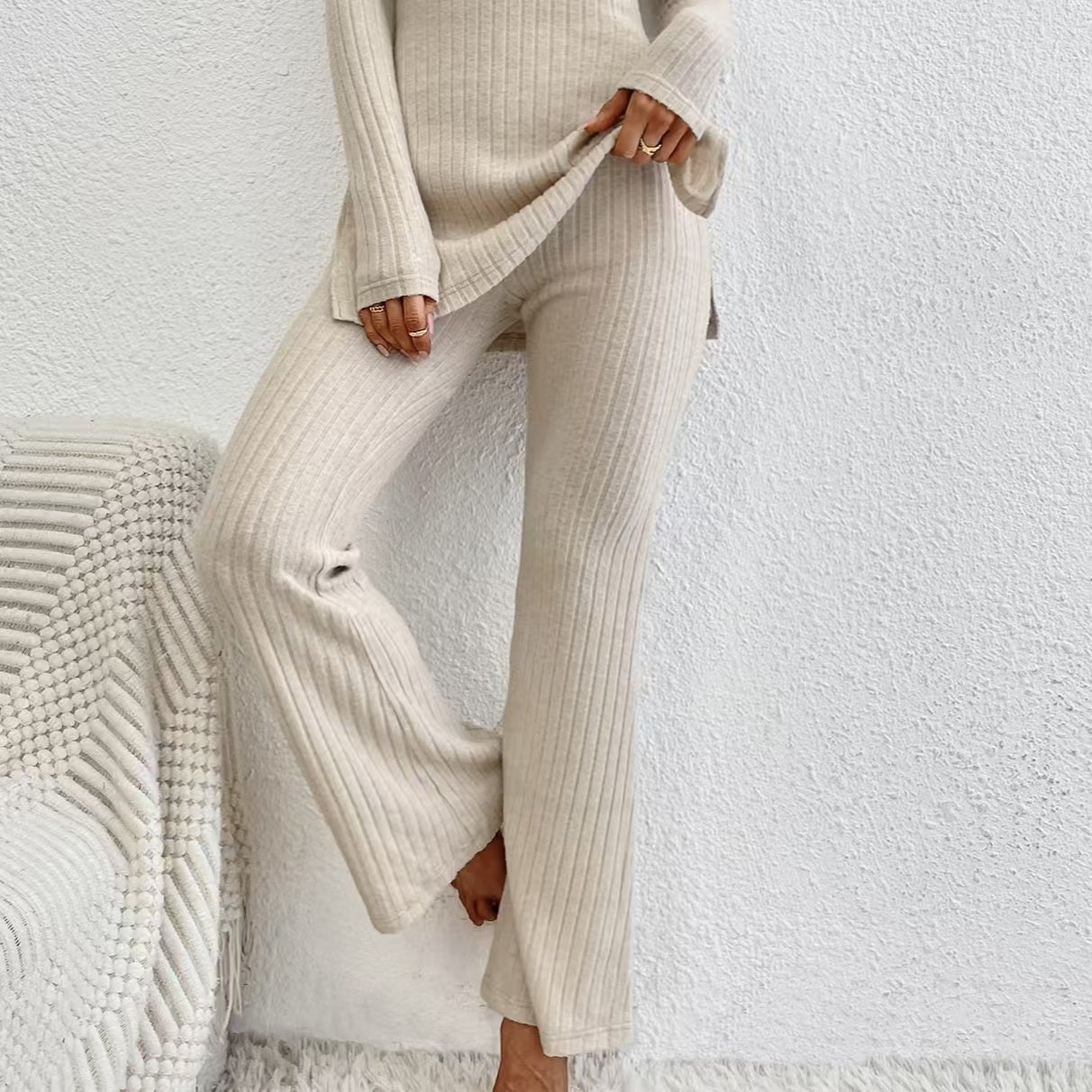 Women’s Ribbed V‑Neck Top & Pants Set FitiqueFit