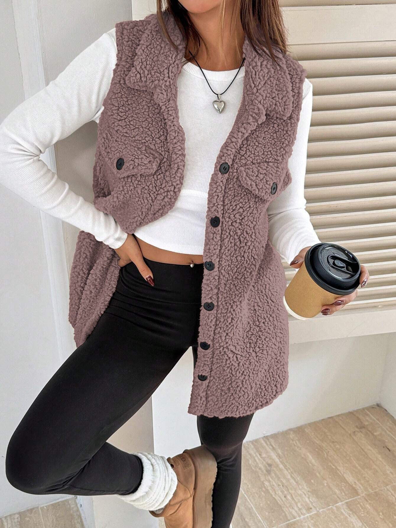 Wool-Like Sleeveless Vest with Lapel FitiqueFit