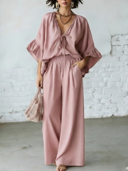 Women's Loose-Fit V-Neck Top & Wide-Leg Pants Two-Piece Set FitiqueFit