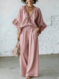Women's Loose-Fit V-Neck Top & Wide-Leg Pants Two-Piece Set FitiqueFit