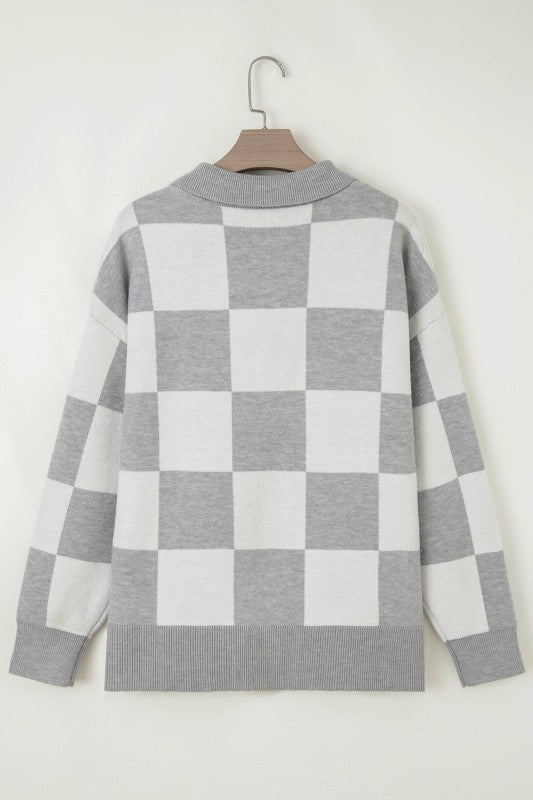 Plus Size Checker Buttoned Polo Collar Sweater Shop Style & More | Fresh Looks, Everyday Deals & Free Shipping
