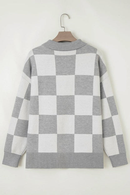 Plus Size Checker Buttoned Polo Collar Sweater Shop Style & More | Fresh Looks, Everyday Deals & Free Shipping