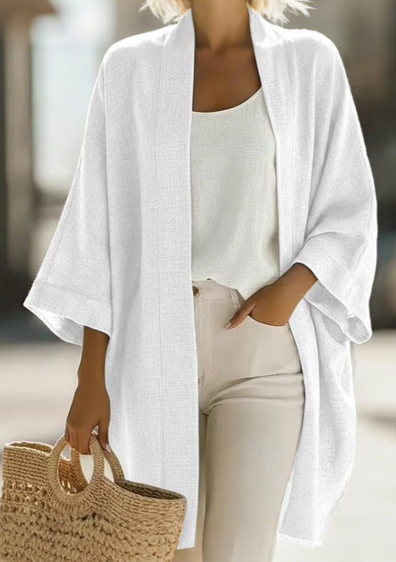 Women's Japanese Linen-Blend Kimono Cardigan – Open Front 3/4 Sleeve FitiqueFit