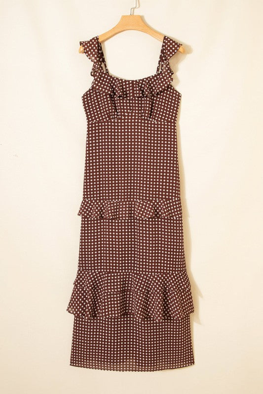 Polka Dot Backless Ruffle Tiered Maxi Dress See size chart under “more details” The Fashion Celestial