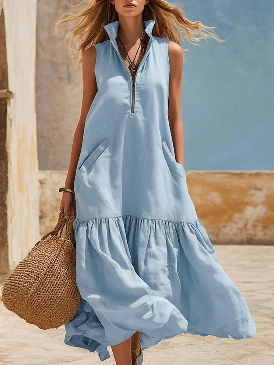 Women's Sleeveless Resort Dress – Loose Fit Zipper Detail FitiqueFit
